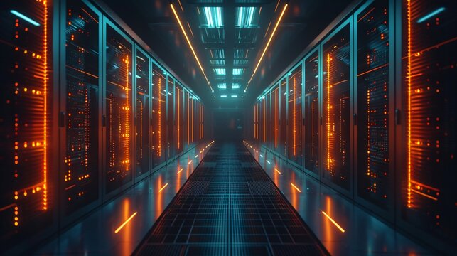 The dark server room with bright orange and blue lights.