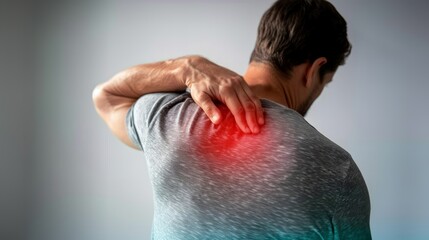 Naklejka premium A man is holding his shoulder in pain due to neck and arm health issues