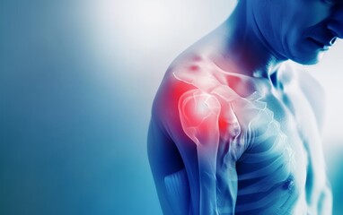 A person holding their shoulder in pain against a light blue background