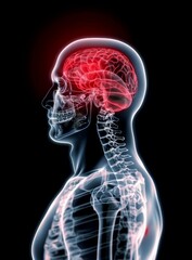 X ray of the head with the brain highlighted in red shows a Migraine
