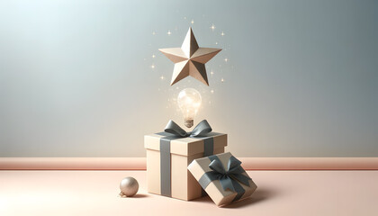 concept of innovation, featuring a minimalist design with a box and pastel-colored stars emerging from it. The scene captures the essence of new ideas and creativity.