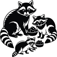 Raccoons silhouette black white vector illustration