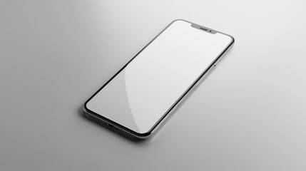 A sleek smartphone mockup with a blank white screen placed on a light gray surface. The minimalistic design highlights the phone's clean lines and modern aesthetic.