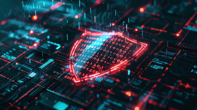 Futuristic shield icon over a computer with glowing binary code