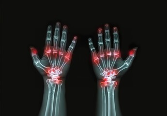 Naklejka premium X ray of the hands with red glowing pain areas on fingers and wrist