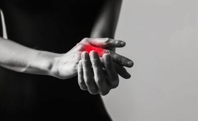 A woman holding her hand with a red painful area on her finger against a simple background