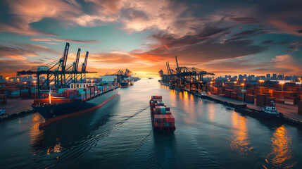 Fototapeta premium Busy transport with cranes loading and unloading containers from multiple ships docked at the harbor.