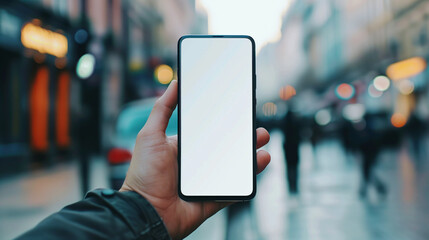 A hand holding a smartphone with a blank screen in an urban setting, perfect for app or website mockups, with a blurred city background to emphasize the phone.