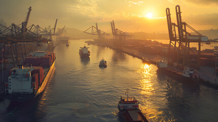 Busy transport with cranes loading and unloading containers from multiple ships docked at the harbor.