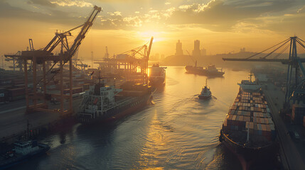 Busy transport with cranes loading and unloading containers from multiple ships docked at the harbor.