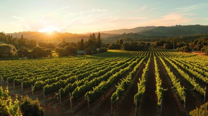  vineyard bathed in the warm glow of the setting sun, 