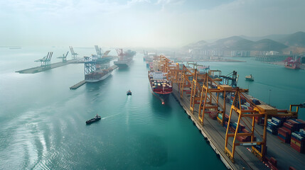 Busy transport with cranes loading and unloading containers from multiple ships docked at the harbor.