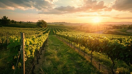 Fototapeta premium vineyard bathed in the warm glow of the setting sun, 