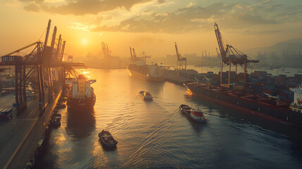 Busy transport with cranes loading and unloading containers from multiple ships docked at the harbor.