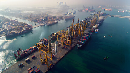 Busy transport with cranes loading and unloading containers from multiple ships docked at the harbor.