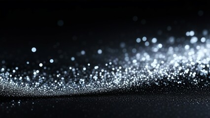 Abstract bokeh silver light glitter on black background. Silver glitter lights on black background. Glitter defocused. Blurred sparkle background. luxury, high-end products, elegance, magic concept