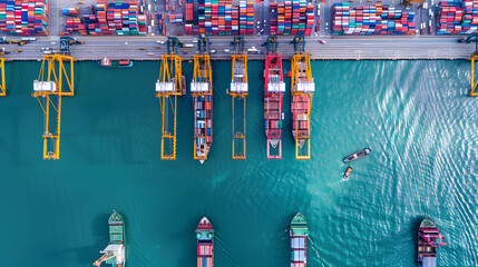 Busy transport with cranes loading and unloading containers from multiple ships docked at the harbor.
