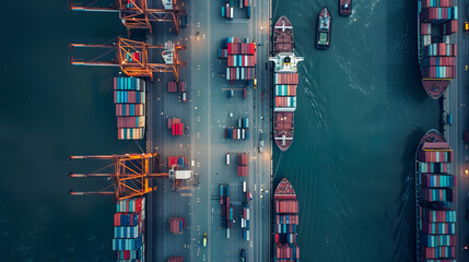 Busy transport with cranes loading and unloading containers from multiple ships docked at the harbor.