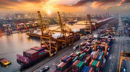 Busy transport with cranes loading and unloading containers from multiple ships docked at the harbor.