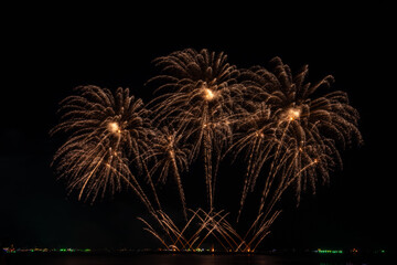 PATTAYA, CHONBURI, THAILAND, Fireworks at Pattaya bay, Pattaya national Fireworks Festival contest, November of every Year, Beautiful of bright light fireworks Show in middle sea, for postcard 