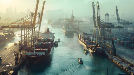 Busy transport with cranes loading and unloading containers from multiple ships docked at the harbor.