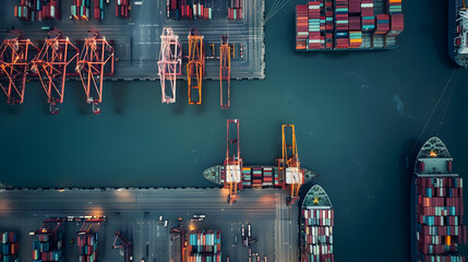 Busy transport with cranes loading and unloading containers from multiple ships docked at the harbor.