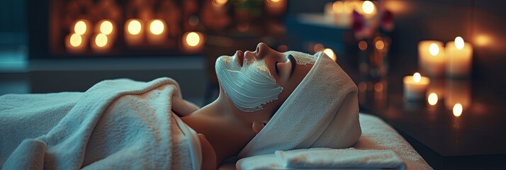 Woman lying on spa bed with soft towel wrapped around hair, applying creamy face mask with brush