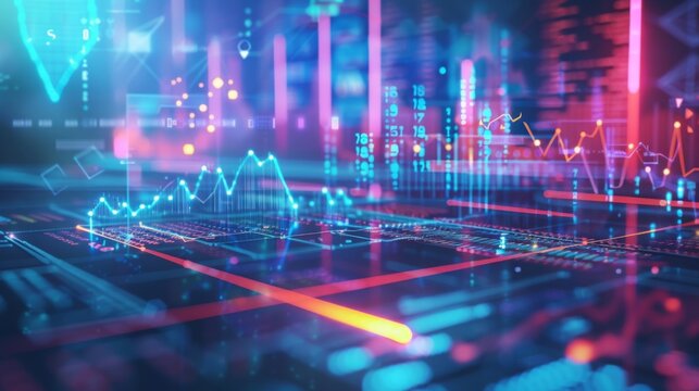 Depict a scene where AI algorithms analyze historical sales data and market trends to predict future demand for a specific product, with graphs and charts showing forecasting accuracy 