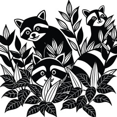 Raccoons silhouette black white vector illustration