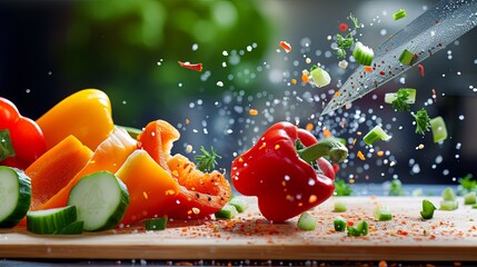 Sharp knife slicing through a ripe tomato on a wooden cutting board