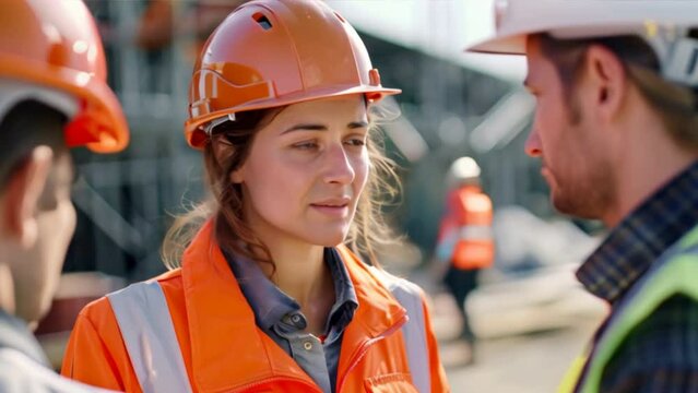 An attractive European female inspection engineer conversing with a group of construction workers, her hard hat bridging the gap between expertise and collaboration.
