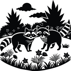 Raccoons silhouette black white vector illustration