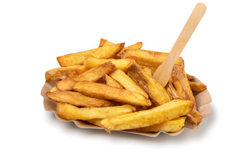 Paper plate with fFresh baked French peel potato fries isolated on white background close up