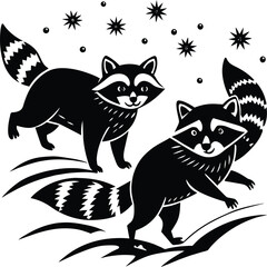 Raccoons silhouette black white vector illustration