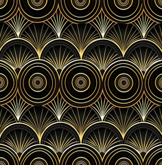 luxury golden hemispheres and fans, circles on a dark background, geometric abstract seamless wallpaper