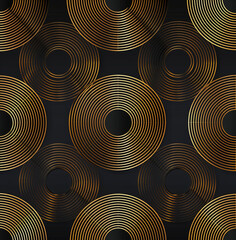 luxury gold rings circles on black background, seamless wallpaper