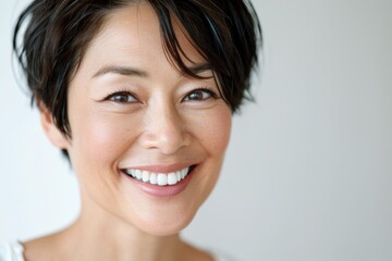 close-up portrait of beautiful confident mature asian japanese woman, copy space