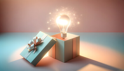concept of an opened gift box with a sparkling light bulb emerging from it, all rendered in soft pastel colors.