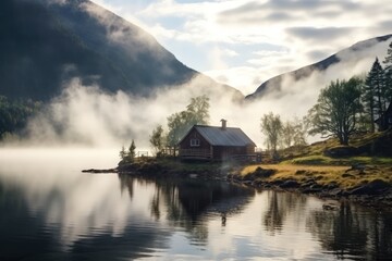 Small wooden house in a coniferous forest on the shore of a lake. Place for privacy and escape from the bustle of the city. House in a national park on the shore of a picturesque lake.