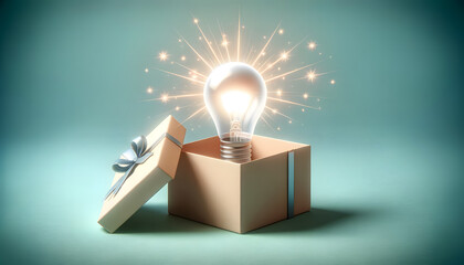 concept of an opened gift box with a sparkling light bulb emerging from it, all rendered in soft pastel colors.