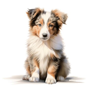 Rough collie. Puppy dog. Long-haired collie clipart. Watercolor illustration. Generative AI. Detailed illustration.