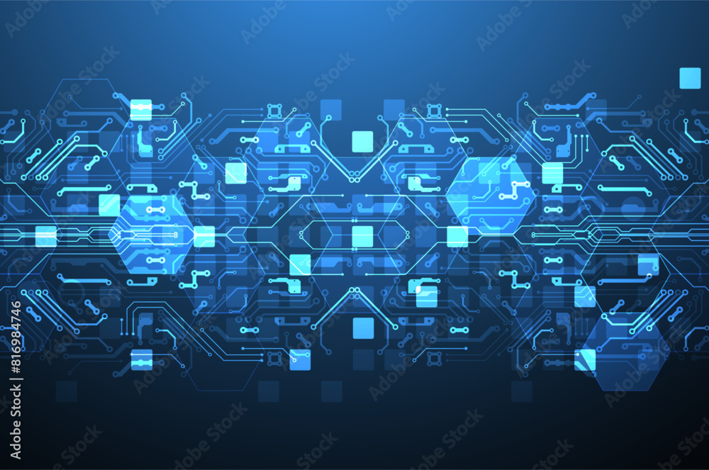 Aufkleber Abstract circuit board and hexagons on gradient color background. Hi-tech digital technology concept.