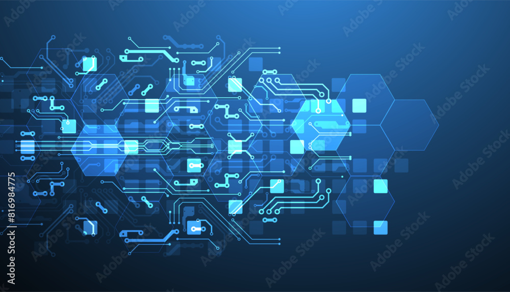 Aufkleber Abstract circuit board and hexagons on gradient color background. Hi-tech digital technology concept.