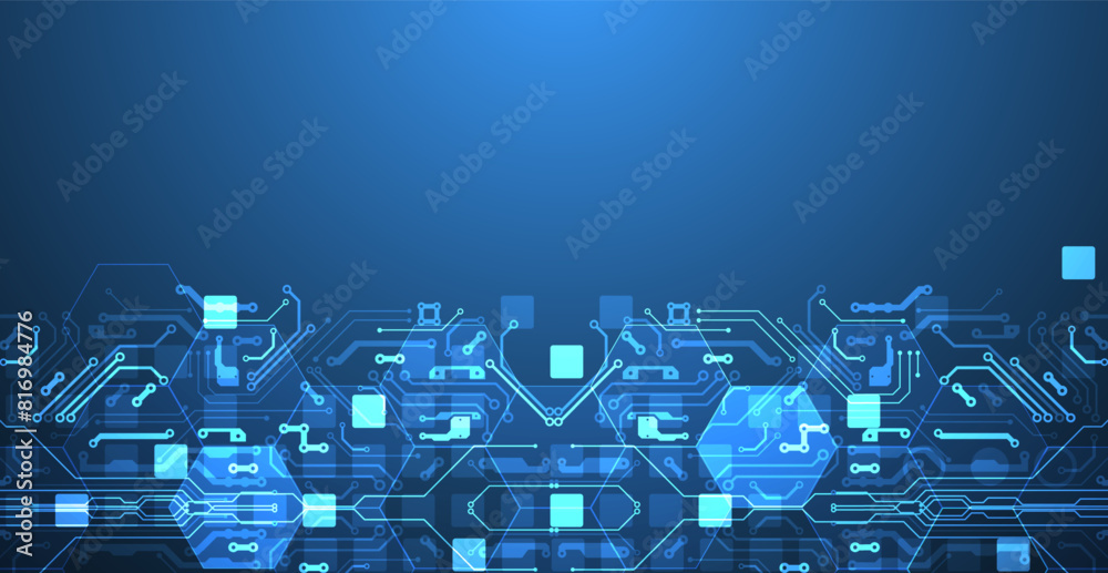 Poster abstract circuit board and hexagons on gradient color background. hi-tech digital technology concept