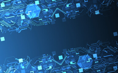 Abstract circuit board and hexagons on gradient color background. Hi-tech digital technology concept.