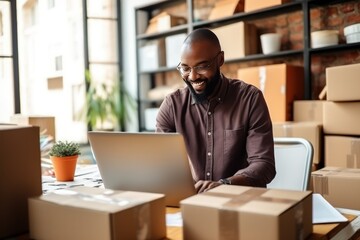 A middle aged Caucasian woman sits in front of laptop monitor in a warehouse of packaged products and communicates with a customer. Online store seller during an online conversation with a buyer. - Powered by Adobe