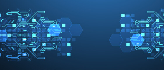 Abstract circuit board and hexagons on gradient color background. Hi-tech digital technology concept.