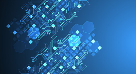 Abstract circuit board and hexagons on gradient color background. Hi-tech digital technology concept.