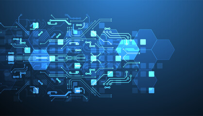 Abstract circuit board and hexagons on gradient color background. Hi-tech digital technology concept.