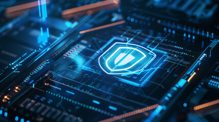 Secure data transfer concept with a shield icon on a computer screen